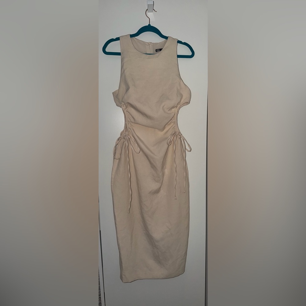 Zara Neutral Beige Side-Tie Women's Dress